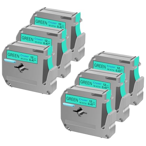Cruxer 6 Packung Ersatz für P Touch M Schriftbänder M-K731 MK731 M731 M-K731s, Schwarz auf Grün, 12 mm, 0,47 1/2, für Ptouch PT-M95 PT-80 PT-90 PT-70 PT-65 PT-85 PT-45 PT-70BM Etikettendrucker von Cruxer