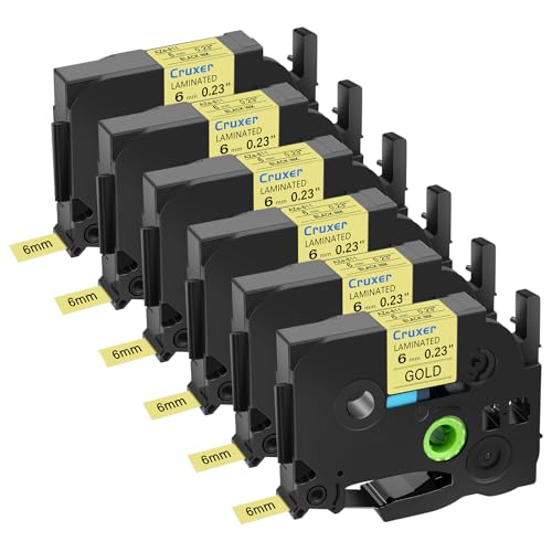 Cruxer 6er-Packung Kompatibel für P-touch TZe-811 TZe811 TZ-811 TZ811 6mm 0,23'' Laminierte Bänder Schwarz auf Gold, Schriftband Ersatz für PT-D200 PT-D210 PT-D400 PT-D450 D600 H100 1230PC Maker von Cruxer