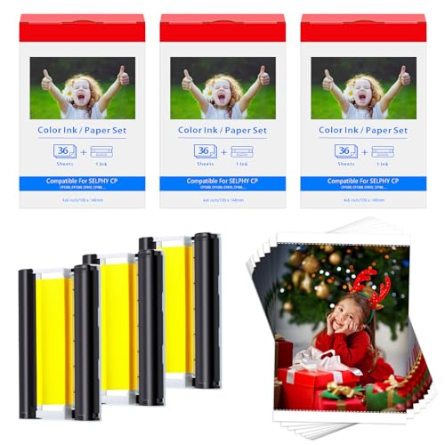 Cruxer Compatible for Canon Selphy CP1300 CP1500 Fotopapier KP-36in 3115B001(AA) 10x15 Photo Paper for Cannon Selphy CP CP910 CP780 CP760 CP1000 CP1200, 36 Papiers + 1 Ink Cartridge per set, 3 Set von Cruxer