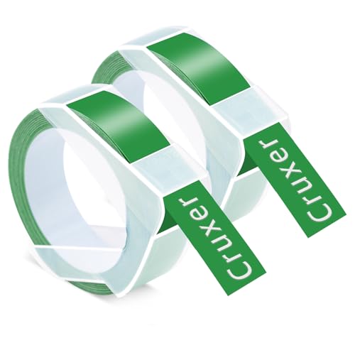 Cruxer Prägeband, Ersatz für Dymo Omega Etikettenband, selbstklebendes Dymo Prägeband, 12 mm x 3 m, weiß auf grün, Vinyl-Etiketten für DYMO Omega Junior Prägeetikettenmacher, 2 Stück von Cruxer