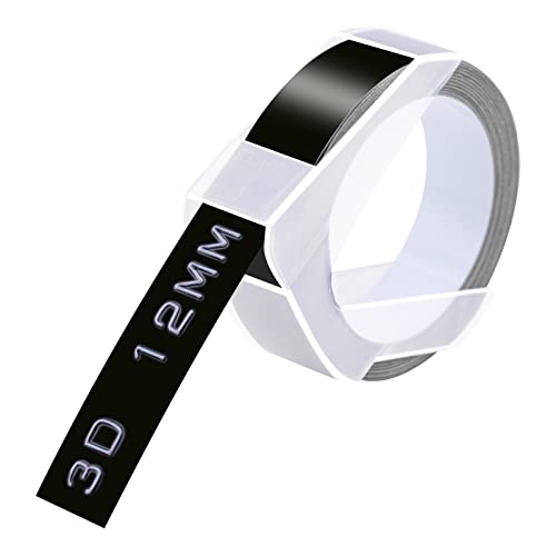 Cruxer Prägeband Ersatz für Dymo 12 mm x 3 m, Weiß auf Schwarz, Omega-3D-Etikettenband, selbstklebendes Dymo Prägeband, Vinyl-Etiketten für DYMO Omega Junior, 3D-Etikettendrucker, 1 Stück von Cruxer
