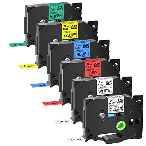 Ersatz-Schriftband für Brother TZe121, TZ221, TZ421, TZ521, TZ621, TZ721, laminiert, schwarz auf klar/weiß/rot/blau/gelb/grün, 0,9 cm, 3/8 Zoll x 8 m, kompatibel mit PT 77 m 0BM, PT-. H111, 6er-Pack von Cruxer