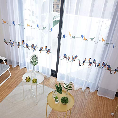 Crysdaralovebi Baumwoll-Leinen-Vorhänge, Gardinen für Wohnzimmer, Schlafzimmer, ländlicher Vorhang mit Stickerei, Vögel, weißer Tüll, Fensterbehandlung (1 x Tüll, B 200 x H 270 cm) von Crysdaralovebi