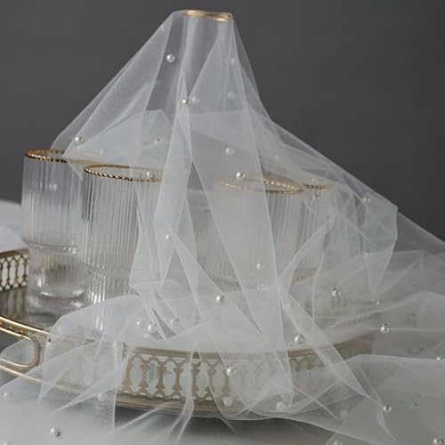 Crysdaralovebi Romantische weiße Tischdecke mit Perlen, handgefertigt, Brautschleier, Hochzeit, Fotografie, Hintergrund, Kleidung, rechteckig, 145 x 300 cm, Weiß von Crysdaralovebi
