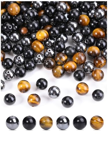 CrystalTears Perlen zum Auffädeln 8mm 100 Stück Natursteine Lose Runde Edelsteinperlen mit Loch Perlen für Armbänder Halsketten DIY Schmuckherstellung(Tigerauge+Obsidian+Magnet Stein) von CrystalTears
