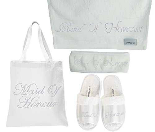 4er-Set von Varsany mit glitzernder Braut-Tasche, Hausschuhe, Handtuch und Haarband für Flitterwochen und Junggesellinnenabschied Maid of Honour von Varsany