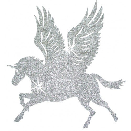 Bügelbild – Kleines Einhorn mit Glitzer, Silberfarben, Transferbild, Stoff-Einhorn mit Flügeln, für T-Shirt von CrystalsRus