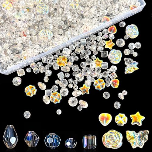 Glasperlen zur Schmuckherstellung, 4/6/8/10 mm, verschiedene facettierte Kristallperlen für Armbänder, Bicone/Würfel/Herz/Stern/Schmetterling/Rose/Tropfenperlen, transparent, AB-Kristalle, 1000 Stück von CrzBeadss