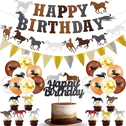 32 Stück Pferde Geburtstagsdeko,Enthalten 12 Luftballon Pferd,12Cupcake Topper,Happy Birthday Banner,Pferdeparty,Pferde Deko Kindergeburtstag von Crzyplea