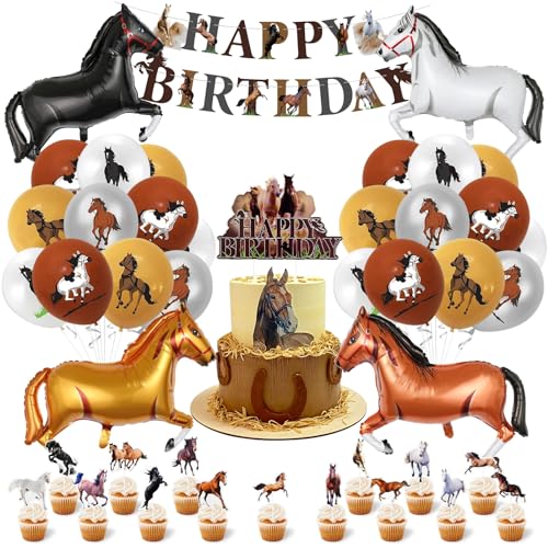 41 Stück Pferde Deko Kindergeburtstag,Pferde Geburtstagsdeko für Jungen und Mädchen,mit 20 Pferde Latex Luftballons 4 Folienballon 16 Kuchen Toppers 1 Happy Birthday Banner,Party Deko Pferde von Crzyplea