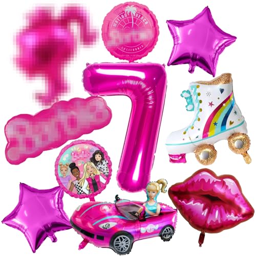 Nummer 7 Cartoon Folienballons, 10 Stück Rosa Luftballons, Luftballons Geburtstag Madchen, Mädchen Party Deko Supplies Set, Party Supplies für Kinder Jungen Mädchen Party Deko Ballons von Crzyplea