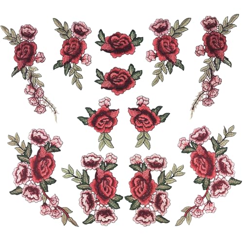 12 -pcs Blumeneisen auf Flecken, rote Rose bestickte Blumenapplikation elegante Pfingstrose auf Flecken DIY Kragen Büste Kleiderbeutel Schuhe Schuhe von Csafyrt