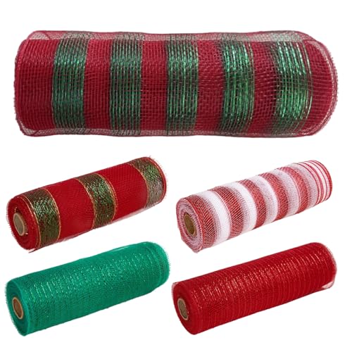 5 Rollen Deco Mesh 10 Zoll Brötchen 10 Yard Rot weißes grüne Streifen -Netzband für Kränze Weihnachtsbaum Winter von Csafyrt