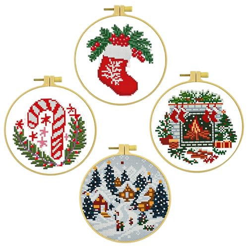 Kreuzstiche Weihnachtsschmuck 4pcs/Set Weihnachten Stickkit mit Mustern und Werkzeugen Kamin Strumpfdorf Dorf Candy Cane Nadelpoint Kit für Anfänger Erwachsene von Csafyrt