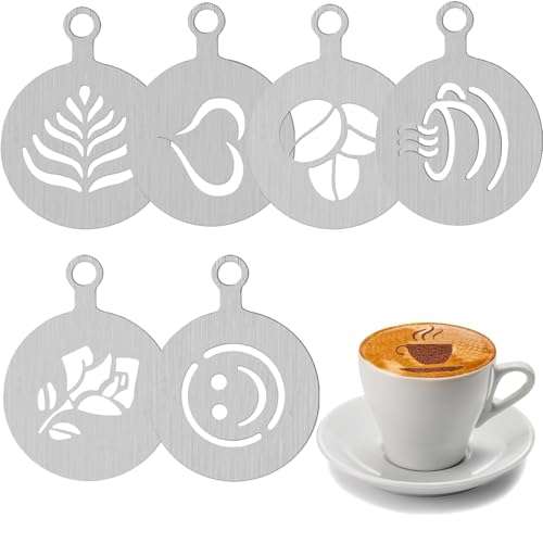 6 Stück Kaffeeschablonen aus Edelstahl, Kaffee-Dekorationsschablone, Cappuccino Schablonen, Tortenschablone für Barista, Cappuccino, Kunst, Vorlagen, Girlanden, Kuchendekorationswerkzeug von Csirnto
