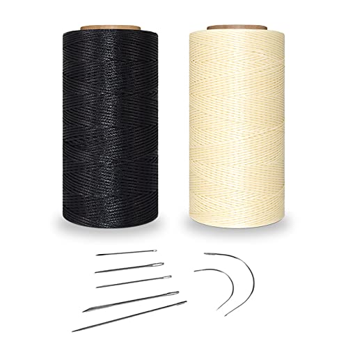 Csirnto 2 Stücke 260m Wachsfaden Flache Ledernähen Gewachst Wachs Nähfaden für Leder, mit 7pcs Lederne Nahen Nadeln für Leder Fertigkeit DIY, 1mm, Schwarz und Beige von Csirnto