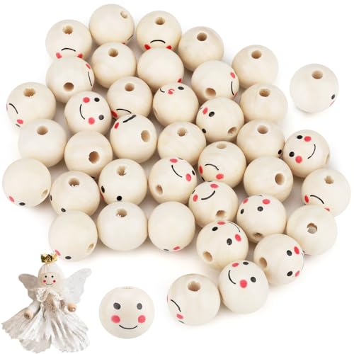 40 Stück Holzkugeln mit Gesicht - Holzkugeln mit Loch Holzperlen mit Gesicht 20mm Natur Holzkugeln mit Gesicht für DIY Puppenkopf Halsketten Kunsthandwerk und Kinder schmuck Machen zubehör von Csuntikulo