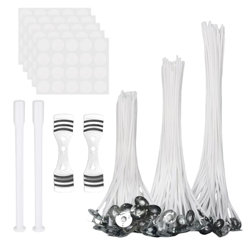 Kerzendocht Set - 150 Stück Dochte für Kerzen, 10/15/20 cm, Kerzen selber Machen Set, mit Dochthalter, Dochtaufkleber und Dochthalteröhrchen, für DIY-Kerzen, Duftkerzen und Öllampen von Csuntikulo