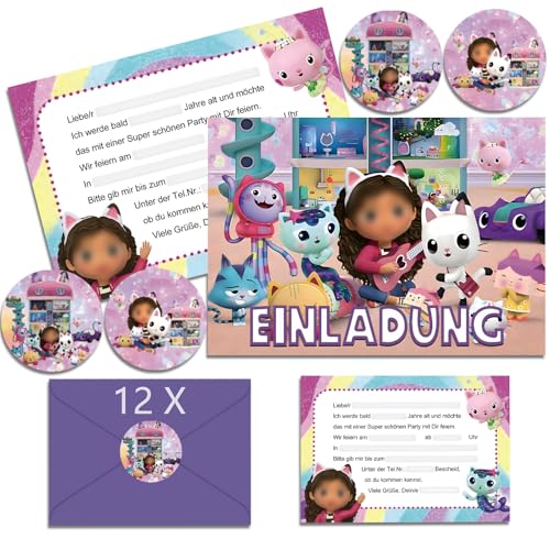 Ctxtqtdt 12x Gabys Dolhouse Einladungskarten Kindergeburtstag Junge mit Umschlag Deutsch, Geburtstagseinladungen Mädchen, Gabys Cartoon Einladungskarten Geburtstag Set für Themed Party (A6) (A) von Ctxtqtdt