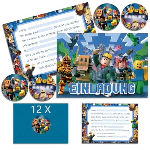 Ctxtqtdt 12x Roblx Einladungskarten Kindergeburtstag Junge mit Umschlag Deutsch, Geburtstagseinladungen Jungen, Roblx Cartoon Einladungskarten Geburtstag Set für Themed Party (A6) (A) von Ctxtqtdt