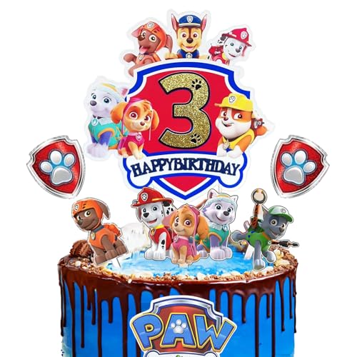 Ctxtqtdt Paw Dog Tortendeko 3. Geburtstag Junge Mädchen, Cake Topper, Kuchen Deko Set, Happy Birthday Topper für Kinder Party Supplies (3) von Ctxtqtdt