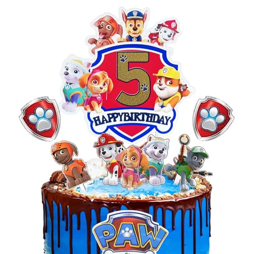 Ctxtqtdt Paw Dog Tortendeko 5. Geburtstag Junge Mädchen, Cake Topper, Kuchen Deko Set, Happy Birthday Topper für Kinder Party Supplies (5) von Ctxtqtdt