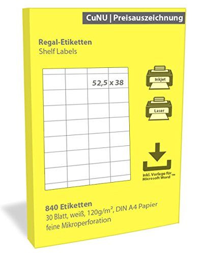 Regalschilder, Regal-Etiketten, Scanner-Etiketten, weiß, 52,5x38 mm 840 Stück von CuNU Preisauszeichnung