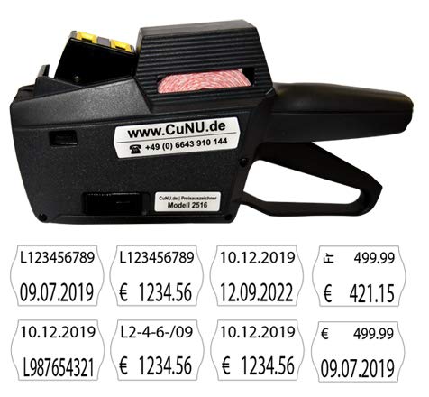 Zweizeiliger Preisauszeichner für Preise, Datum, Artikelnummern - Modell CuNU 2516 inkl. 5.500 Etiketten nach Wahl (D: LOT/Charg-Nummer & MHD-Etiketten) von CuNU Preisauszeichnung
