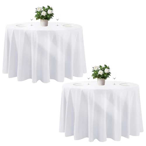 Cuckan Runde Tischdecke, 308 cm, 2 Stück, weiß, schmutzabweisend und knitterfrei, Polyester-Tischdecke für Hochzeit, Bankett, Party, Restaurant, Weiß, 2 Stück von Cuckan