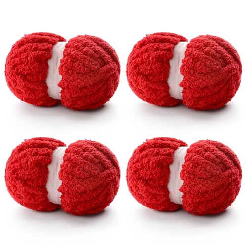 Grobes Garn zum Handstricken, Chenille, dickes, flauschiges Deckengarn zum Häkeln von Decken, weicher Plüsch, 114 m, 873 g (4 große Rot), 4 Stück von Cuden