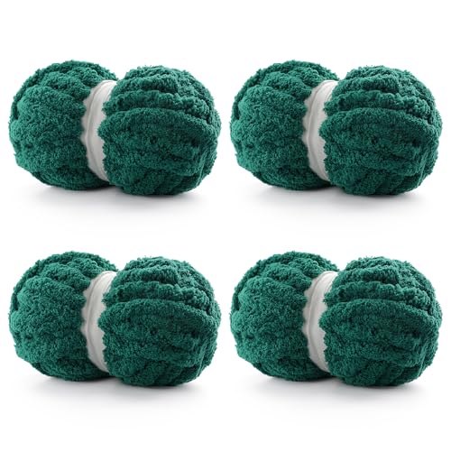 Grobes Garn zum Handstricken, Chenille, dickes, flauschiges Deckengarn zum Häkeln von Decken, weicher Plüsch, 114 m, 873 g (4 x Dunkelgrün), 4 Stück von Cuden