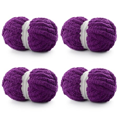 Grobes Garn zum Handstricken, Chenille, dickes, flauschiges Deckengarn zum Häkeln von Decken, weicher Plüsch, 114 m, 873 g (4 x Violett), 4 Stück von Cuden