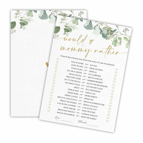 Cudwid 'Would Mommy Rather Baby Shower' - Golden Greenery - 30 doppelseitige Spielkarten zum Ausfüllen des Geschlechts, Baby-Ankündigung, Partyspiele und Aktivitäten - D06 von Cudwid
