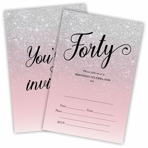 Einladungskarten zum 40. Geburtstag mit Umschlägen, glitzernde rosa und silberfarbene Einladungen für Frauen, zum 40. Geburtstag, Partygeschenke und Dekorationen (20 Stück) – D11 von Cudwid