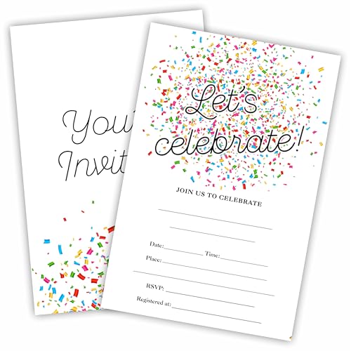Konfetti-Einladungskarten mit Umschlägen, "Let's Celebrate", zum Ausfüllen, für Abschlussfeier, Babyparty, Geburtstag und Einweihungspartys, Partygeschenke und Dekorationen, D07, 20 Stück von Cudwid