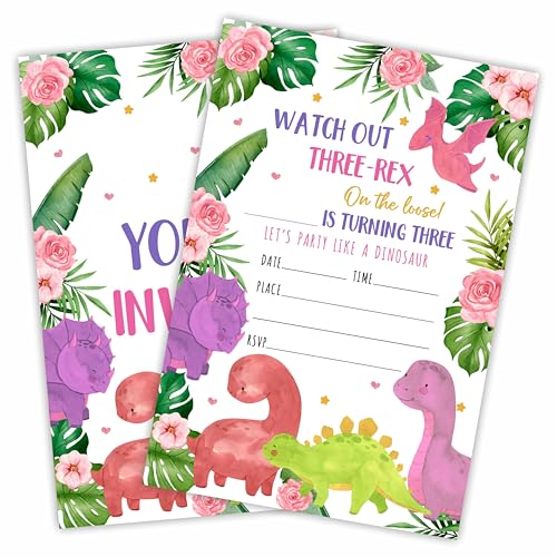 Three-Rex Geburtstagseinladung, Dinosaurier-Thema, 3. Geburtstag, Partyeinladungskarten mit Umschlägen, doppelseitig, zum Ausfüllen für Jungen und Mädchen, Partygeschenk und Dekorationen (20 Stück) – von Cudwid