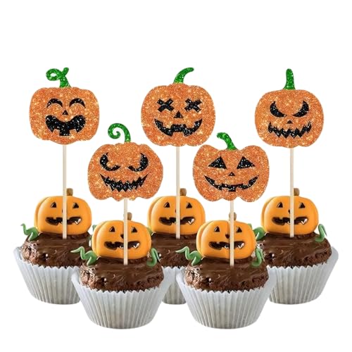 10 Stück Halloween Deko Kürbis Cupcake Topper, Halloween Aufsätze Dekorationen Kürbis Tortendeko, Tortendeko Glitzer Herbst Thema Cupcake Toppers, für Pumpkin Thema Thanksgiving Dekorationen Orange von Cuicany