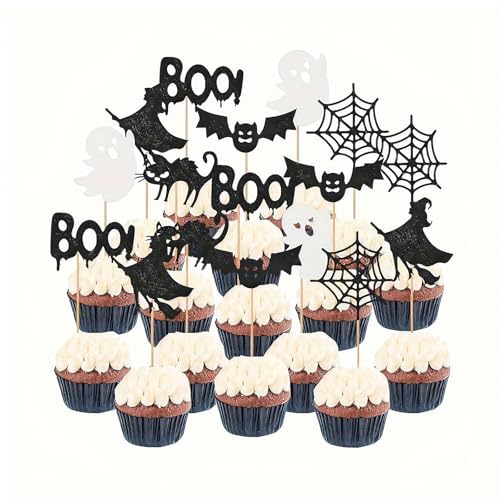 12 Stück Halloween Cupcake Toppers Fledermaus Deko, Fledermaus Muffins Deko, für Halloween Kuchen Cupcake Picks, Spinne, Hexe, Ghost Dekoration Themed Horror Party von Cuicany