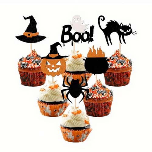 12 Stücke Halloween Cake Topper, Kuchen Deko mit Fledermaus Kürbis, Spinne, Schwarze Katze, Hexenhut und Andere 6 Muster, für Halloween Party Kuchen Essen Käseplatte Vorspeisen Dekor von Cuicany