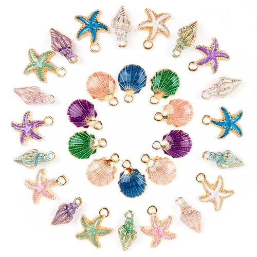 30 Stücke Emaille Muschel Seestern Charms Anhänger, Muschel Seestern Charms für Schmuck, Legierung Metall Shell Anhänger für Halskette Armband Ohrringe DIY Schmuck Machen von Cuicany