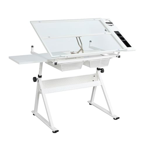 CuisinSmart Zeichentisch mit Hocker, höhenverstellbar, multifunktional, für Kunsthandwerk, Künstler, Schreibtisch, neigbar, Glas, Tischplatte, Diamantgemälde, Arbeitsplatz, mit 2 Schubladen für Home von CuisinSmart