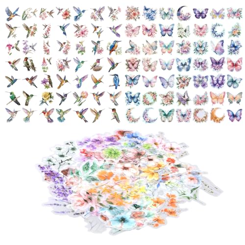 Culinavog 150 Stück Blumen Aufkleber, Transparente Scrapbooking Aufkleber Blumen, Schmetterlinge & Kolibris, Wasserdichte Sticker für DIY, Tagebuch, Notizbuch, Fotoalbum von Culinavog