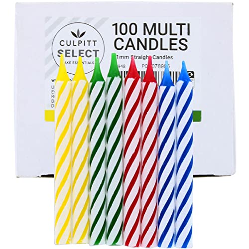 Culpitt Select Gestreifte Kerzen, 100 Stück, 60 mm, rot, blau, grün, gelb, Candy gestreift, Geburtstagskerzen für Feier, Party, Geburtstag, Leckereien von Culpitt