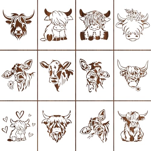 Hochlandrind-Schablonen, 12 Stück Tierstencil, Schablonen Textilgestaltung kinder, Wiederverwendbare Highland Cow zum Malen, Tiere Malschablonen für Scrapbooking Fotoalbum von Cumnvulnt