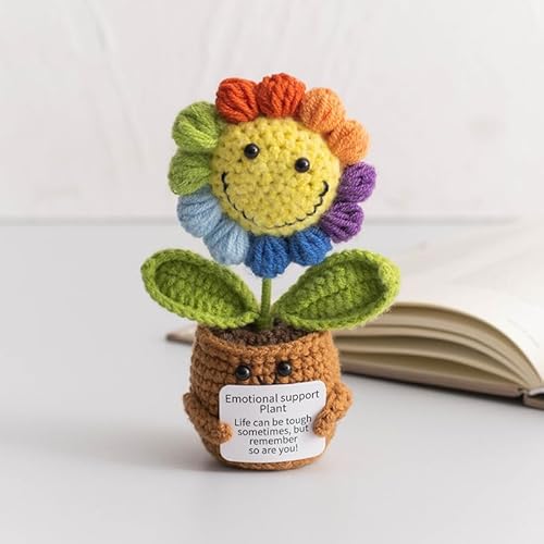 Cunegra Positive Häkel-Sonnenblume, handgefertigte Häkelblumen gestrickte Topfblumen mit Ermutigungskarte, lustige emotionale Stützpflanze für Frauen und Männer, Heimdekoration von Cunegra