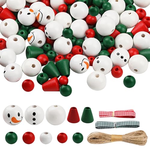 Cunlvyyds 190pcs Weihnachten Holzperlen rot/grün/weiß rund und konische Weihnachtsperlen mit 1 Schnitt und 2 Gurtbüchern Holz für DIY -Handwerksschmuck herstellen von Cunlvyyds