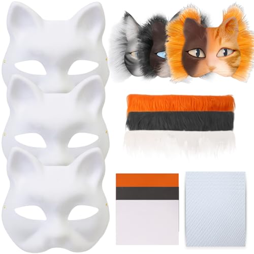 Cunlvyyds Therian-Masken-Set, falsche Katzenmaske aus Wolle, halbes Gesicht, mit Augennetz aus Filzstoff, 3er-Set, elastisch, lustige DIY-Pelzmasken für Halloween, Make-up, Rollenspiele, Cosplay von Cunlvyyds