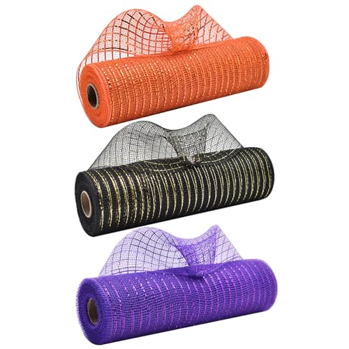 Halloween-Deko-Netz, 3 Rollen Netzband mit Metallfolie, 25, 4 cm x 9, 1 m, zuschneidbares Deko-Netz, 25, 4 cm Rollen, DIY-Netzband für Kränze, Bastelarbeiten, Tafelaufsätze, Party-Dekoration, Stil 1. von Cunlvyyds