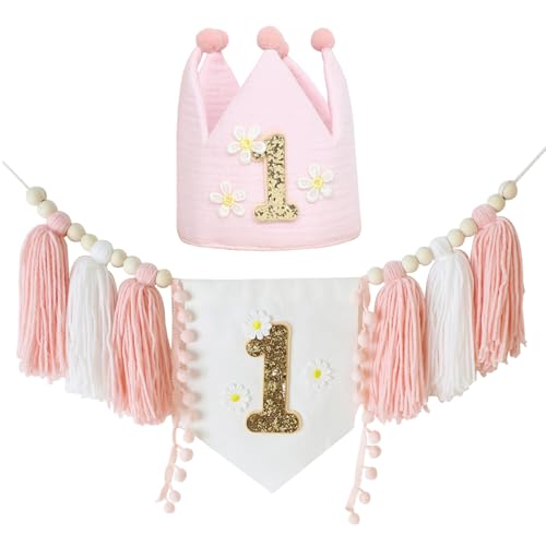 Hochstuhl-Banner 1. Geburtstag Mädchen, Daisy Erstes Geburtstagsbanner-Set mit handgemachter Tortenaufsatz-Kronenmütze, Baby Mädchen Erste Geburtstagsdekoration von Cunlvyyds