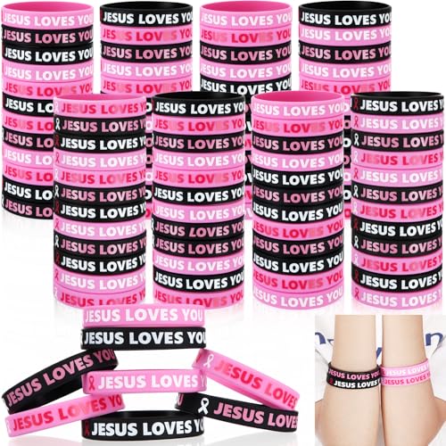 Cunno 100 Stück Brustkrebs-Bewusstseins-Armbänder, Silikonband, Gummi-Armbänder, Jesus liebt dich, Gummi-Zubehör für Frauen, Brustkrebs-Bewusstseinsgeschenke, Partygeschenke von Cunno
